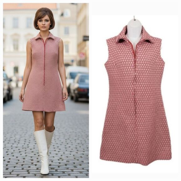 Vintage Dresses & Skirts - NEW Vintage 60's Handmade Red Geometric Mod Sleeveless Mini Dress Modern Large